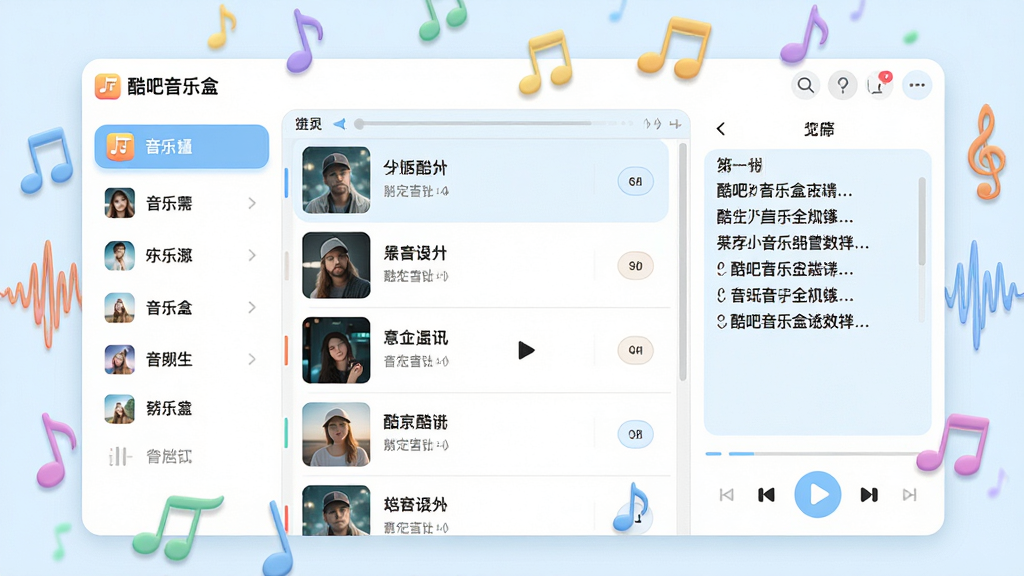 画面主体为“酷吧音乐盒”软件界面截图风格,左侧显示音乐分类菜单,中间为歌曲列表,右侧为播放器与歌词面板,界面周围漂浮彩色音符与波形图,布局采用三分栏结构,风格为清爽浅色系UI,细节上按钮圆润、文字清晰,画质为高清,干净无杂乱元素