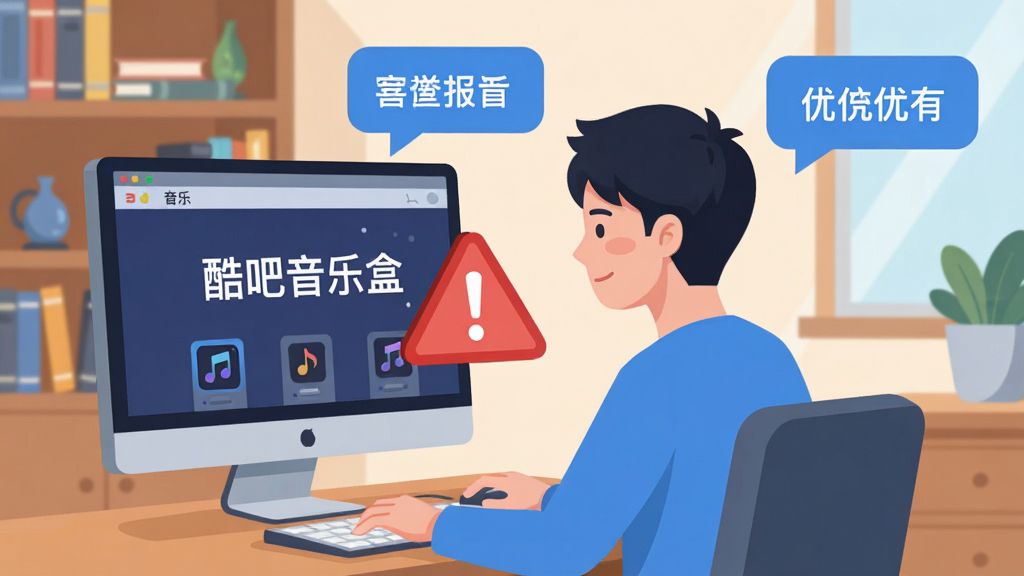 画面展示一位年轻用户坐在电脑前,屏幕上显示“酷吧音乐盒”界面,旁边有红色警示标志与蓝色优化提示气泡,背景为书房环境,布局为人物居中、提示元素环绕,风格为扁平插画,细节上警示标志醒目、气泡文字清晰,画质为高清,干净无多余元素