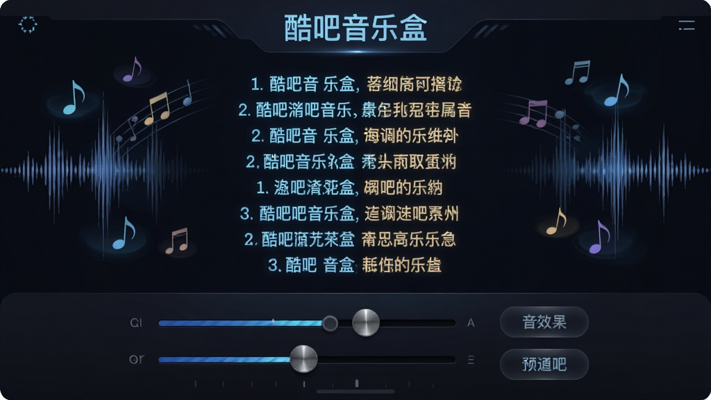 画面中心为“酷吧音乐盒”播放界面,歌词区域正在逐行滚动高亮,下方显示均衡器调节滑块与音效预设按钮,周围环绕声波纹理与音符,布局为上下结构,风格为深色科技风,细节上高亮文字发光、滑块质感细腻,画质为高清,干净无杂乱