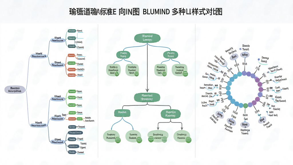 一张Blumind多种布局样式对比图,画面主体是同一组思维导图内容分别以向右逻辑图、上下组织结构图、环形放射图三种形式并排展示,布局为三栏横向排列,排版整齐,风格为清爽扁平化,细节包含不同布局的连接线走向、节点排列方式,画质为高清,干净,无多余元素