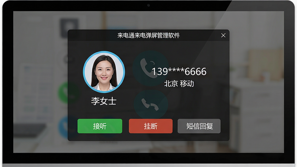 一张展示来电通来电弹屏管理软件智能联系人识别功能的示意图,画面主体为电脑屏幕上弹出的来电窗口,窗口左侧显示联系人头像和姓名“李女士”,右侧显示号码“139****6666”和归属地“北京 移动”,窗口下方有“接听”“挂断”“短信回复”三个按钮,布局为左右分栏结构,风格为简约商务风,细节包括头像为圆形带浅蓝色边框、背景为深色半透明遮罩、文字清晰锐利,画质干净无多余元素,窗口顶部有文字“来电通来电弹屏管理软件”