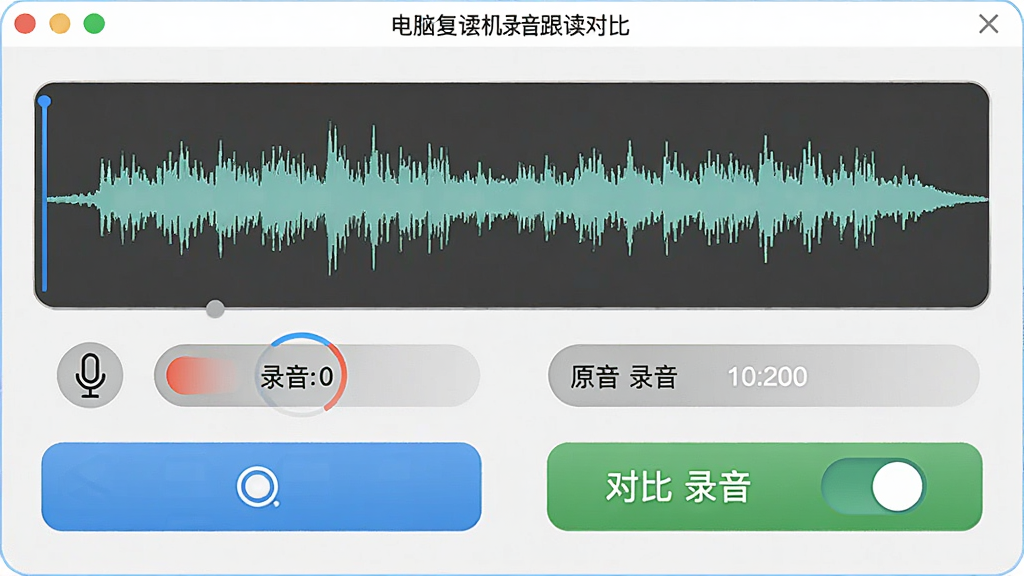 一张展示三耳电脑可视数字复读机录音跟读对比功能的图片,主体为软件界面中的录音控制区与对比播放按钮,布局为上方波形下方录音按钮,排版清晰,风格为学习工具风,细节包括麦克风图标、录音时长、原音与录音切换开关,画质清晰,干净,无多余元素