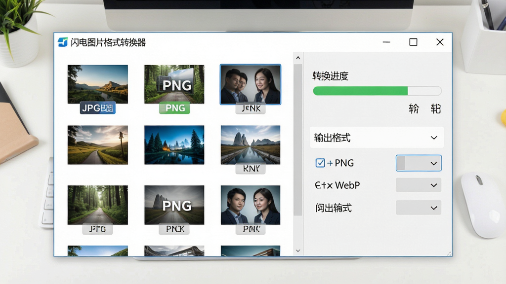 一张展示批量图片转换过程的示意图,画面主体是“闪电图片格式转换器”软件窗口,左侧排列多张不同格式的图片缩略图,右侧显示转换进度条与输出格式选项,背景为浅色办公桌面,风格简洁高效,细节包含JPG、PNG、WebP等格式标签,画质清晰,干净无杂乱