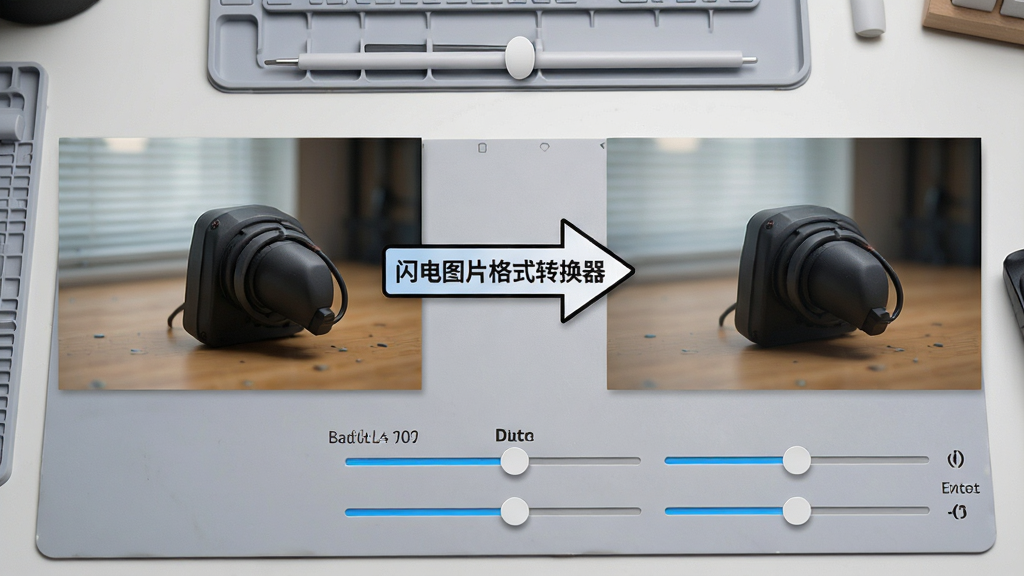 一张展示图片转换前后对比的效果图,画面左侧为原始高清图片,右侧为转换后同样清晰的图片,中间用箭头连接并标注“闪电图片格式转换器”,背景为浅灰色工作台,风格写实清晰,细节包含画质参数调节滑块,画质高清,无多余元素