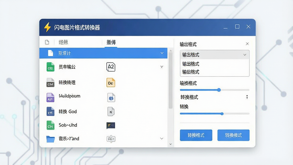 一张干净整洁的软件界面展示图,画面中央是“闪电图片格式转换器”主窗口,左侧显示文件列表区域,右侧显示输出格式选择与转换按钮,整体布局清晰对称,风格为现代简约科技风,细节包含格式图标、进度条、闪电标志,画质高清,画面干净,无多余元素