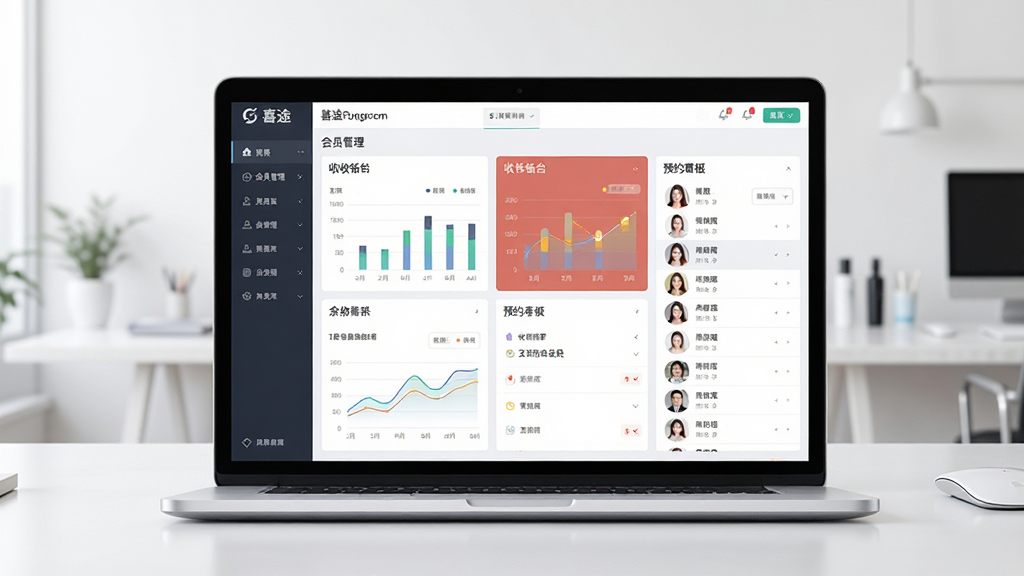 一张展示喜途美容美发管理系统主界面的全景图,画面主体是一台打开的笔记本电脑,屏幕上显示着系统的会员管理、收银台、预约看板等多个功能模块的仪表盘界面,布局清晰,排版整齐,风格为现代简约商务风,细节包括屏幕上的数据图表、菜单栏、客户头像列表等,画质高清,画面干净,无多余元素
