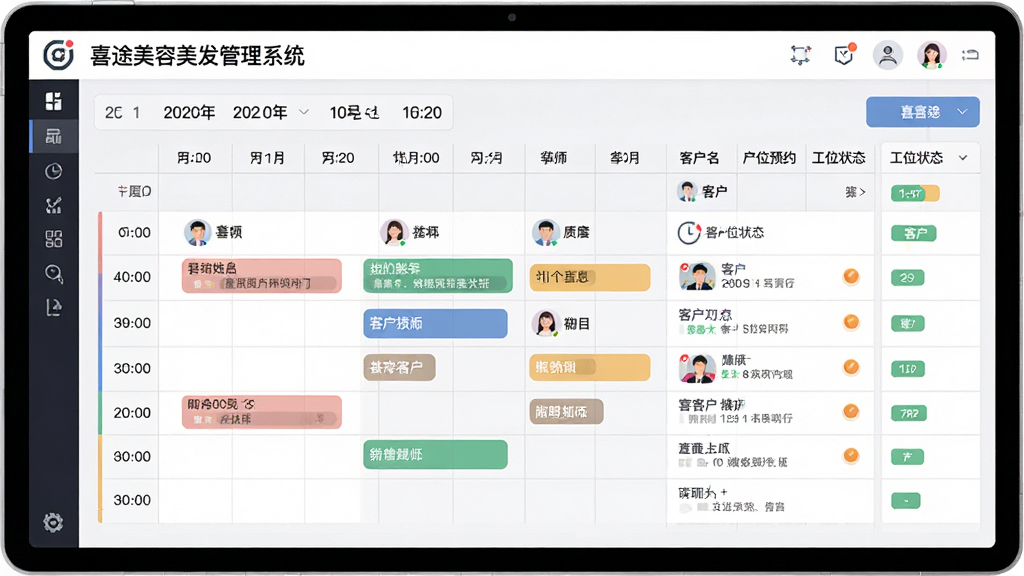 一张展示喜途美容美发管理系统预约排班界面的AI生图,画面主体是一块横向的电子排班看板,看板上显示着日期、时间段、技师姓名、客户预约信息、工位状态等元素,布局采用网格化时间轴排版,风格为清爽明亮的扁平化设计风,细节包括不同颜色的预约状态标签、技师头像、时钟图标等,画质高清,画面干净,无多余元素