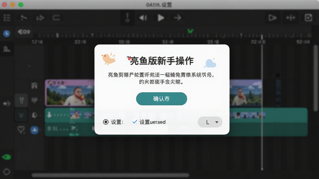 亮鱼剪辑免费版新手操作提示弹窗与设置界面,主体为软件内的引导提示面板,布局为居中弹窗加背景时间轴界面,排版简洁,风格为友好提示风,细节包含文字说明、确认按钮、设置选项,画质高清,干净,无多余元素