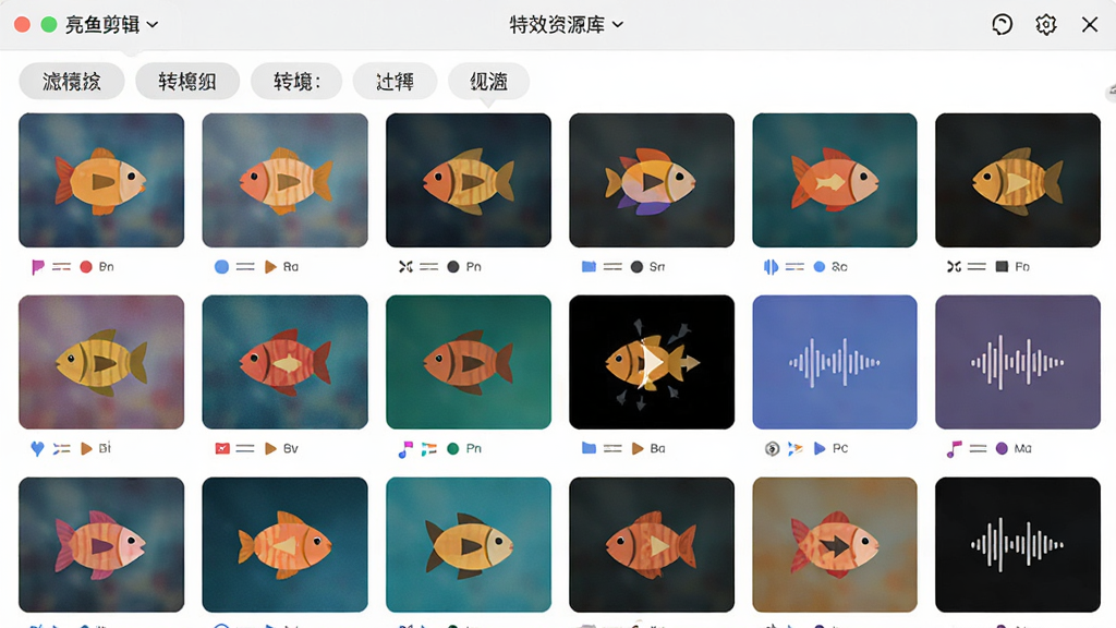 亮鱼剪辑免费版特效资源库界面,主体为滤镜与转场缩略图网格,布局为分类标签加瀑布流预览,排版紧凑,风格为彩色扁平化设计,细节包含多种滤镜预览图、转场动画图标、音乐波形图标,画质清晰,干净,无多余元素