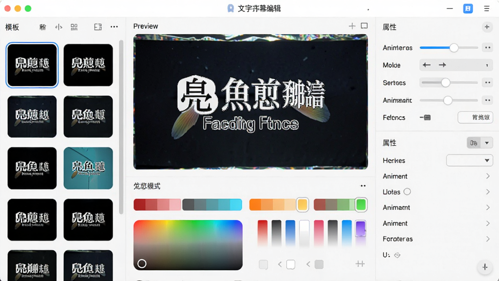 亮鱼剪辑免费版字幕编辑面板,主体为文字样式选择界面,布局为左侧模板列表中间预览右侧属性调节,排版整齐,风格为明亮简洁的软件UI,细节包含多种字幕预设、颜色选择器、动画选项,画质高清,干净,无多余元素