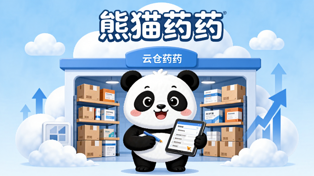 熊猫药药云仓集采概念图,主体为一只卡通熊猫形象站在云端仓库前,仓库内整齐码放药品纸箱,熊猫手持平板电脑查看采购订单,布局为中心构图,排版上方为“熊猫药药”文字标识,风格为简洁商务插画,细节包含云朵、货架、数据上升箭头,画质高清,画面干净,无多余元素
