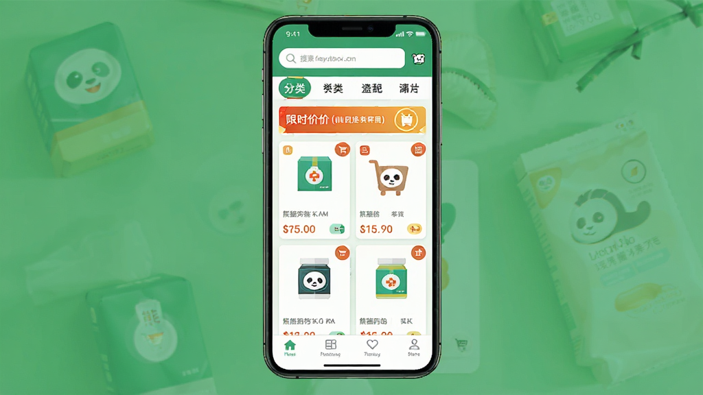 熊猫药药手机应用界面全景展示,主体为一部竖屏智能手机,屏幕内呈现药品采购商城首页,上方有搜索框与分类导航,中部为药品卡片列表与价格标签,底部为导航栏,布局清晰,排版整齐,风格为现代扁平化移动端UI设计,细节包含药盒图标、购物车角标、限时特价横幅,画质高清,画面干净,无多余元素