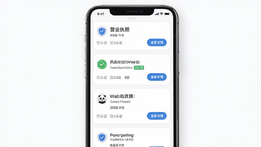 熊猫药药资质管理页面示意图,主体为手机界面显示供应商证照列表,包含营业执照、药品经营许可证等卡片式条目,布局为纵向排列,排版清晰,风格为简约商务移动端设计,细节包含盾牌图标、已认证标签、查看详情按钮,画质高清,画面干净,无多余元素