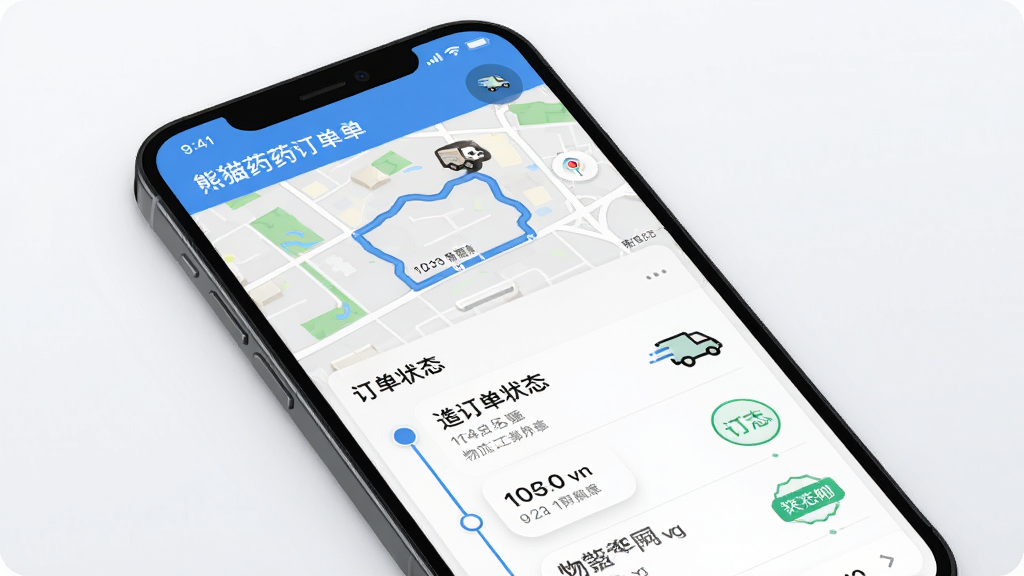 熊猫药药订单物流追踪界面,主体为手机屏幕显示地图轨迹与物流节点时间轴,布局为上下结构,上方为配送地图,下方为订单状态列表,风格为现代科技感移动端设计,细节包含配送小车图标、时间戳、签收状态徽章,画质高清,画面干净,无多余元素