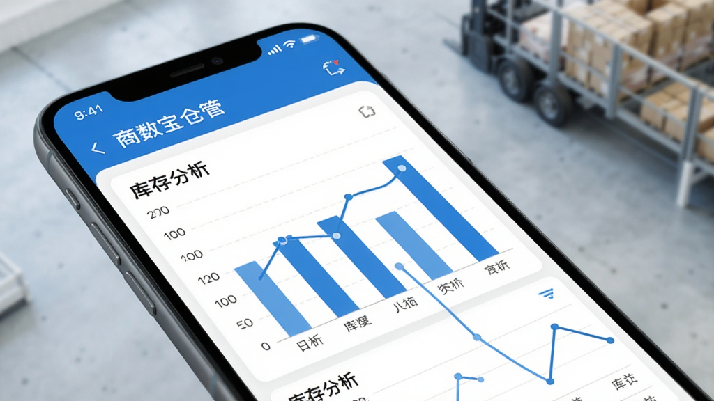 商数宝仓管 数据报表 手机界面 柱状图 折线图 库存分析 蓝色配色 简洁商务风格 高清画质 无多余元素