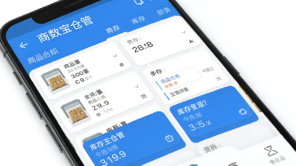 商数宝仓管 安卓手机 仓库管理 应用界面 主页面 商品列表 库存数据 卡片式布局 蓝色主色调 扁平化设计 清晰文字 干净背景 高清画质 无多余元素