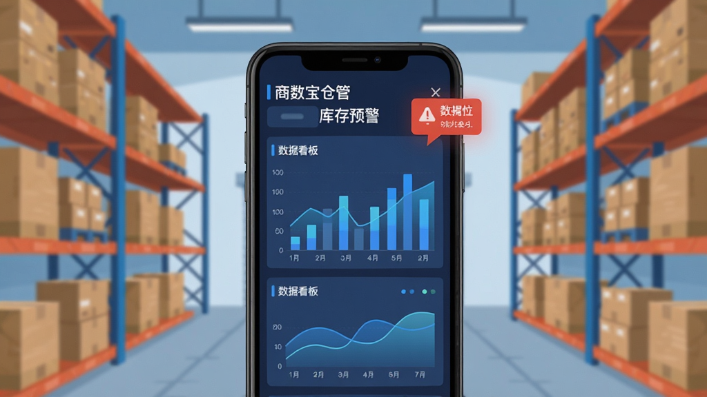 商数宝仓管 库存预警 数据看板 手机屏幕 红色提醒 蓝色图表 仓库货架背景 扁平化风格 高清画质 无多余元素