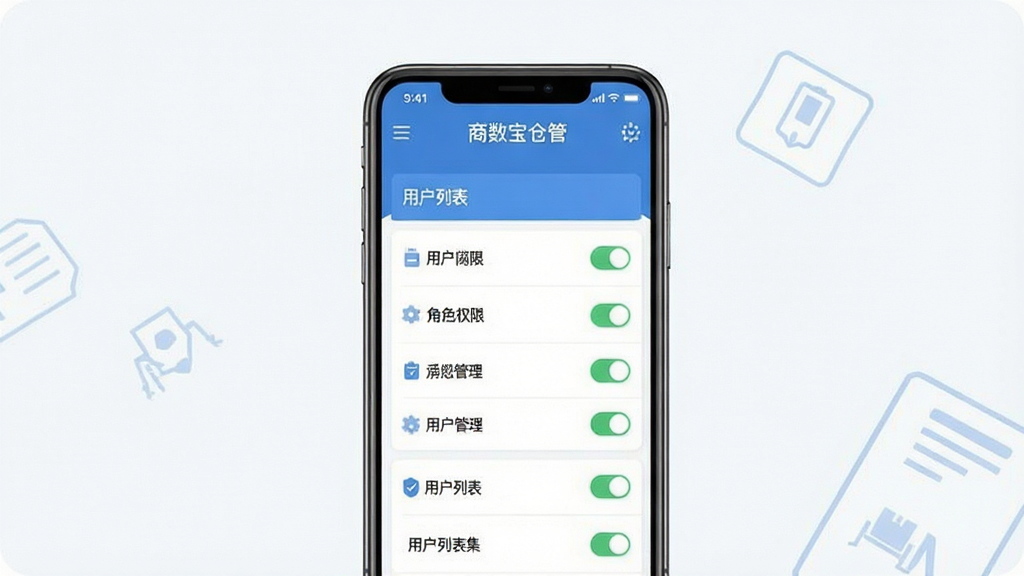 商数宝仓管 多角色权限 手机管理界面 用户列表 权限开关 蓝色主题 扁平化设计 高清画质 干净背景 无多余元素