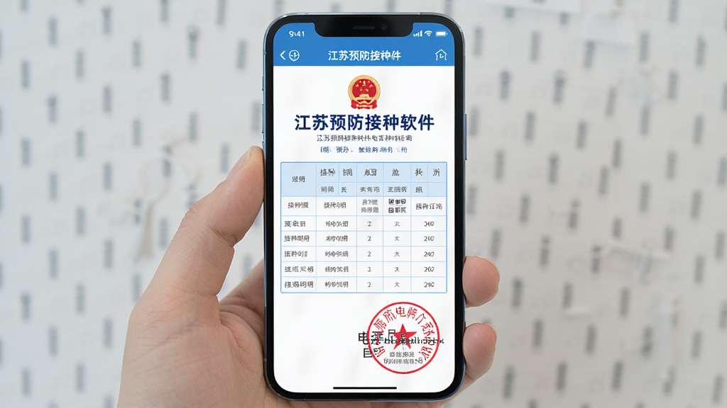 主体为手机屏幕显示江苏预防接种软件电子接种证明预览界面,布局为居中展示,上方为证明标题,下方为接种明细表格与电子印章,排版正式,风格为官方文档样式,细节包括蓝色印章、表格线、二维码,画质高清,干净,无多余元素