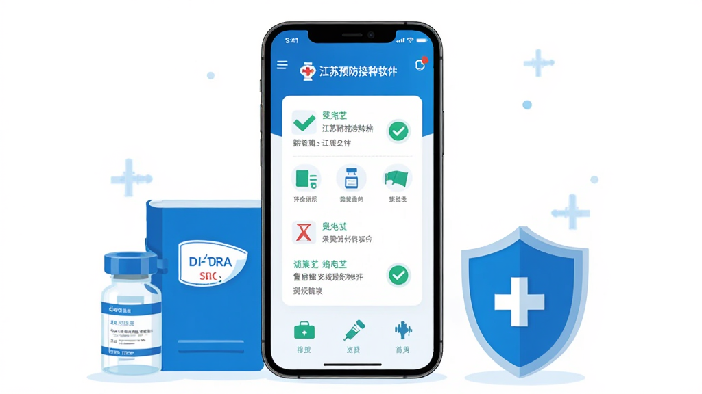 主体为一部智能手机,屏幕上显示江苏预防接种软件首页界面,布局采用居中构图,手机下方环绕着疫苗瓶、接种本、盾牌等元素,排版简洁清晰,风格为扁平化医疗科技风,细节包括蓝色主色调、白色卡片式界面、绿色对勾图标,画质高清,干净,无多余元素