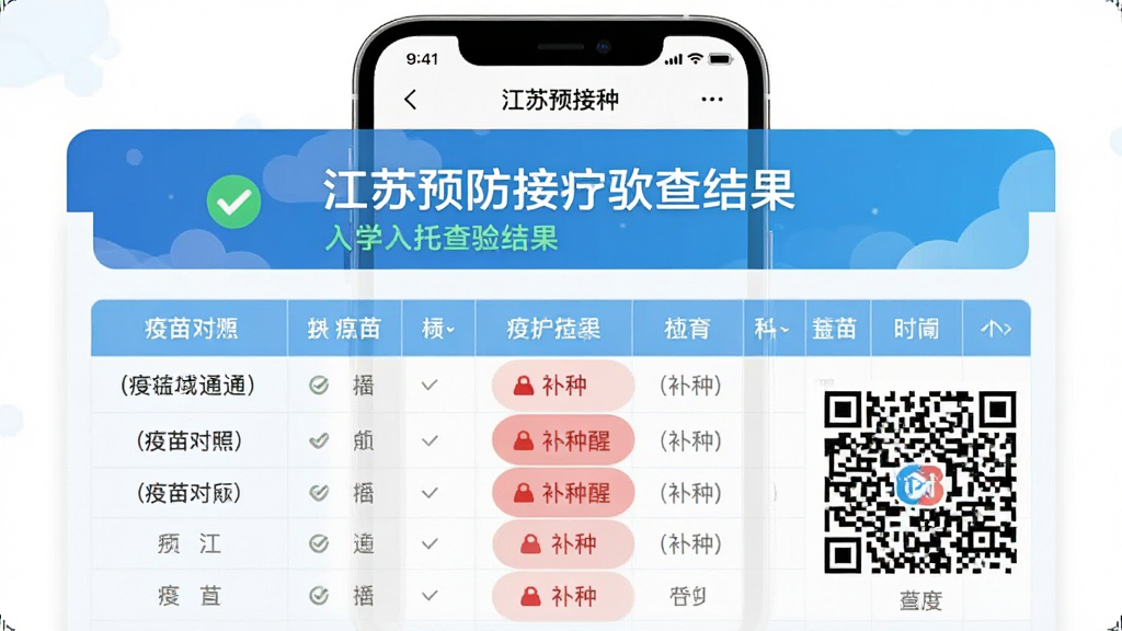 主体为手机界面展示江苏预防接种软件入学入托查验结果页面,布局采用上下结构,上方为查验状态横幅,下方为疫苗对照表格,排版清晰,风格为扁平化教育医疗风,细节包括绿色通过标识、红色补种提醒、二维码区域,画质高清,干净,无多余元素