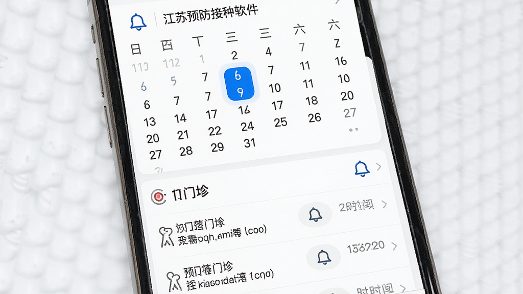 主体为手机界面展示江苏预防接种软件预约接种页面,布局为上下分层,上方为日历选择区,下方为门诊列表与时间段,排版简洁,风格为现代医疗应用风,细节包括蓝色选中状态、铃铛提醒图标、门诊地址文字,画质高清,干净,无多余元素