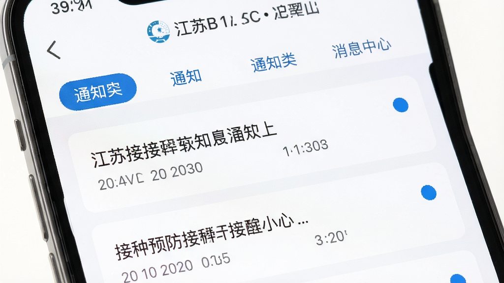主体为手机屏幕展示江苏预防接种软件消息中心页面,布局为列表式,上方为通知分类标签,下方为逐条消息卡片,排版清晰,风格为简洁通知界面,细节包括接种提醒文字、时间戳、蓝色未读圆点,画质高清,干净,无多余元素