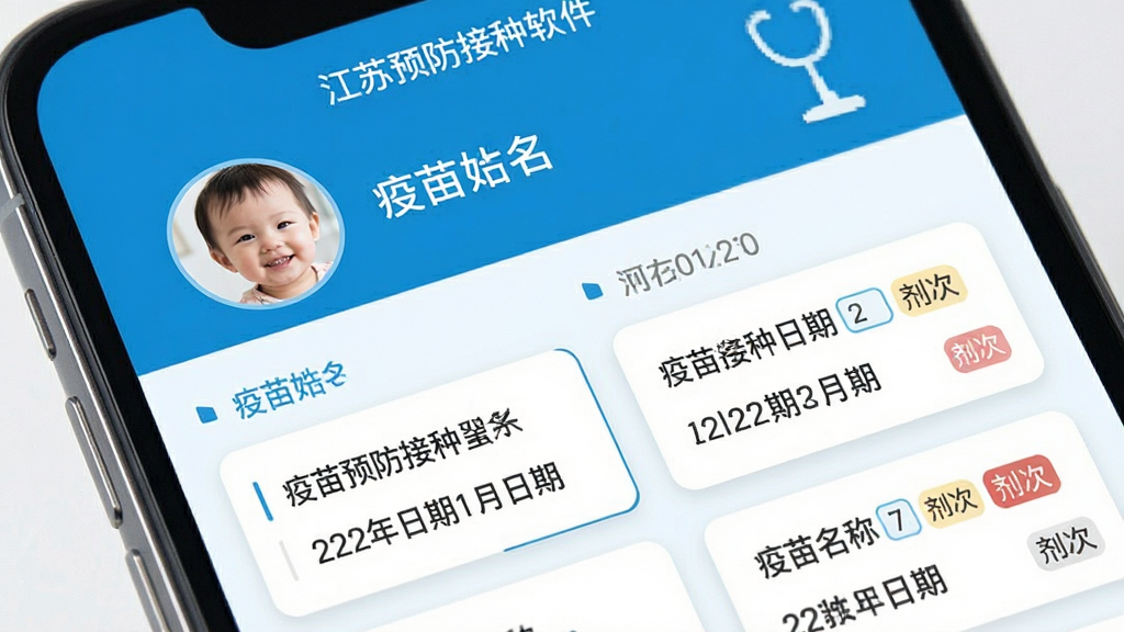 主体为手机屏幕展示江苏预防接种软件中的疫苗接种记录列表,布局为上下分层结构,上方为儿童头像与姓名,下方为按时间排列的疫苗卡片,排版整齐,风格为清新医疗蓝白配色,细节包括疫苗名称、接种日期、剂次标签,画质高清,干净,无多余元素