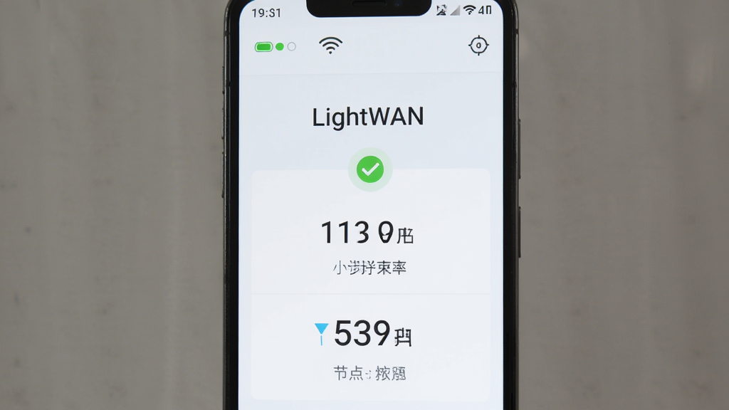 LightWAN安卓端操作界面截图,主体为一部安卓手机屏幕显示LightWAN连接成功页面,布局为竖屏居中,排版上方为状态图标下方为速率数据,风格为清新简约浅色主题,细节包括绿色连接成功标识、上下行速率数字、节点名称,画质高清,干净无多余元素