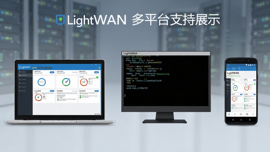 LightWAN多平台支持展示图,主体为三台设备并排显示,分别为Windows笔记本、Linux服务器终端、Android手机,屏幕均显示LightWAN统一管理界面,布局横向排列,排版均衡,风格为现代科技感,细节包括设备图标、同步状态标识、界面一致性对比,画质高清,干净整洁