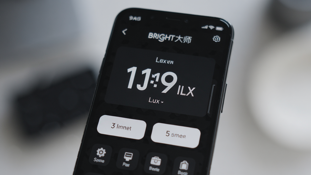 一部手机特写镜头,屏幕显示光强仪Bright测量大师的主界面,大号数字和简洁按钮清晰可见,背景虚化处理,主体突出手机屏幕,风格极简现代,细节包含大号Lux数值和底部功能图标,画质高清,干净,无多余元素