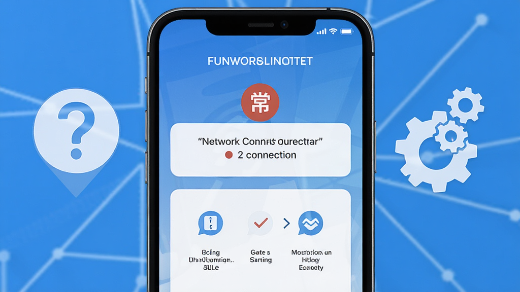FUNF应用故障排查示意图,手机屏幕显示网络连接异常提示和解决步骤,画面风格简洁清晰,带有问号和齿轮图标,画质高清,干净无多余元素
