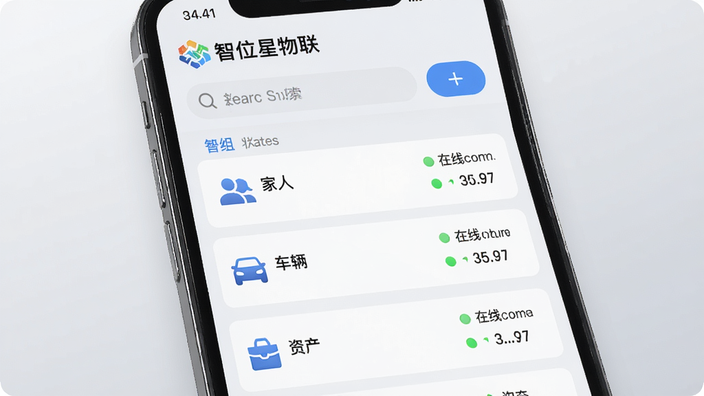 画面表现“智位星物联”多设备统一管理界面,手机屏幕显示分组列表,包含“家人”“车辆”“资产”等标签,每项前有对应设备小图标,右侧显示在线状态与电量,背景为浅灰渐变,布局为手机正面特写,风格清爽商务,细节包含搜索框与添加按钮,画质清晰,无多余装饰