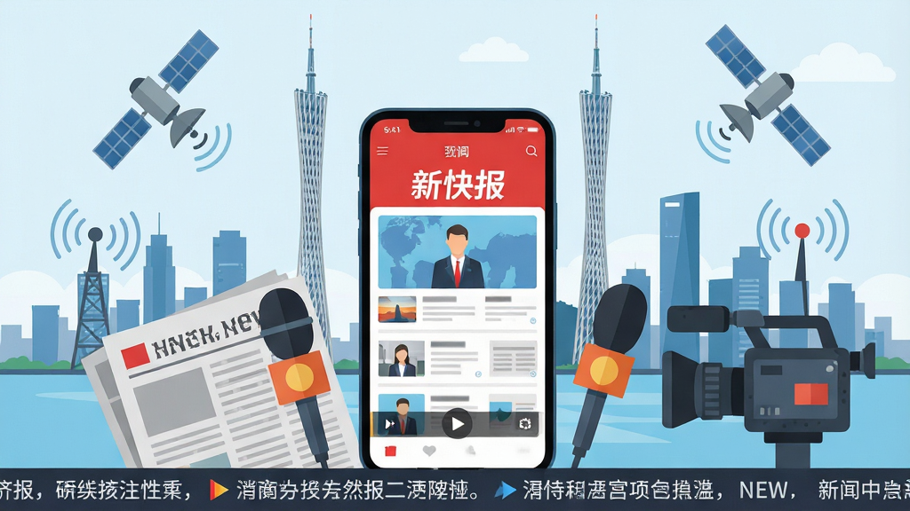 一幅展现现代都市新闻资讯汇聚场景的插画,画面中央是一台智能手机,屏幕显示“新快报”APP的首页界面,周围环绕着报纸、麦克风、摄像机、卫星信号等新闻元素,背景是广州塔与城市天际线,布局采用环绕式构图,风格为扁平化商务科技风,细节包括滚动新闻字幕和视频播放按钮,画质高清,画面干净,无多余元素
