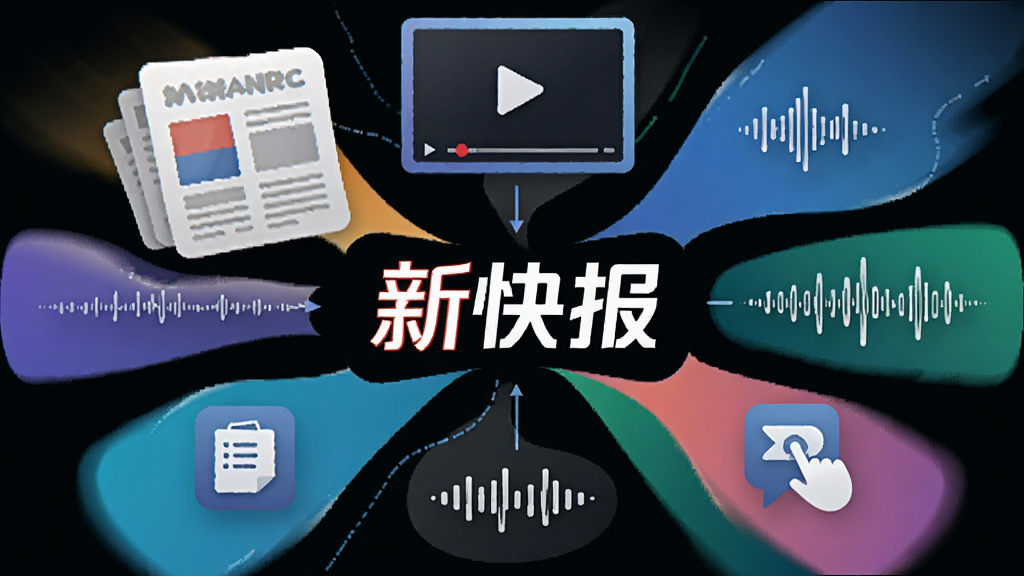 一幅展示多媒体融合阅读概念的抽象图,画面中心是“新快报”的文字标识,向外延伸出报纸、视频播放窗口、音频波形和互动图标,布局采用中心辐射式构图,风格为现代科技感,细节包括流畅的线条和渐变色块,画质细腻,画面干净,无多余元素