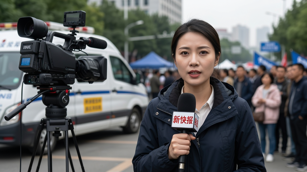 一幅新闻记者正在户外进行现场直播报道的场景图,画面主体是一名手持“新快报”话筒的记者,背景是新闻事件现场,布局采用三分法构图,风格为写实摄影风,细节包括摄像机、采访车和围观群众,画质超清,画面干净,无多余元素