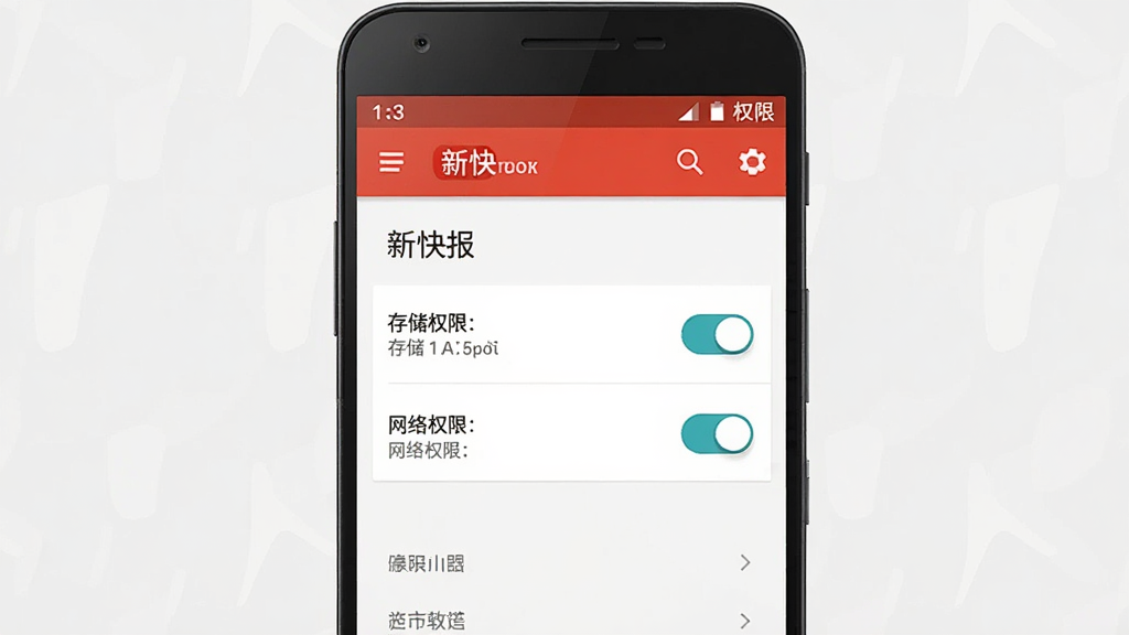 一幅展示手机APP权限设置界面的示意图,画面主体是一部安卓手机,屏幕显示“新快报”APP的权限管理页面,布局为居中特写,风格为扁平化UI设计,细节包括存储权限、网络权限开关按钮,画质清晰,画面干净,无多余元素