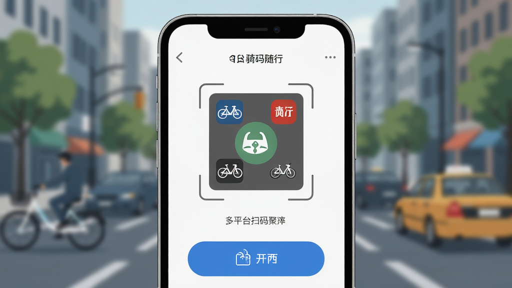 共享单车骑车随行多平台扫码聚合功能展示,主体为手机屏幕显示多个共享单车品牌图标与扫码按钮,布局为手机正面特写,背景为模糊的城市街景,风格为扁平化设计,细节包括清晰的扫码框、品牌标识、开锁提示,画质高清,干净整洁,无多余元素。