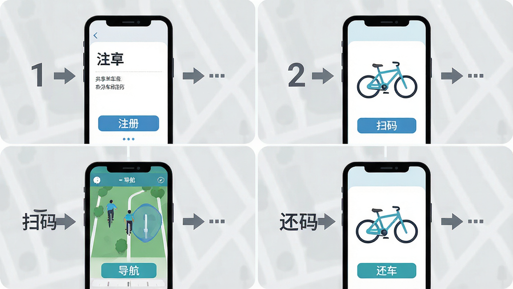 共享单车骑车随行新手使用教程示意图,主体为手机屏幕分步展示注册、扫码、导航、还车四个画面,布局为四格拼图,背景为浅灰色,风格为扁平化教程风,细节包括步骤数字、箭头指引、操作按钮,画质高清,干净整洁,无多余元素。