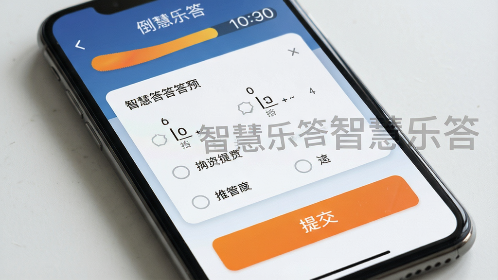 智慧乐答答题界面特写,手机屏幕中显示一道选择题与四个选项,下方有“提交”按钮,屏幕上方有倒计时进度条,画面中有“智慧乐答”字样水印,风格写实,排版清晰,细节丰富,画质干净,无多余元素
