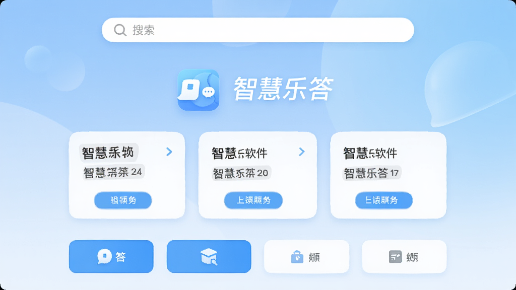智慧乐答软件主界面展示,居中放置软件图标与名称“智慧乐答”,背景为淡蓝色渐变,布局简洁,上方为搜索栏,中间为答题卡片,下方为功能按钮,风格清新现代,细节清晰,画质干净,无多余元素