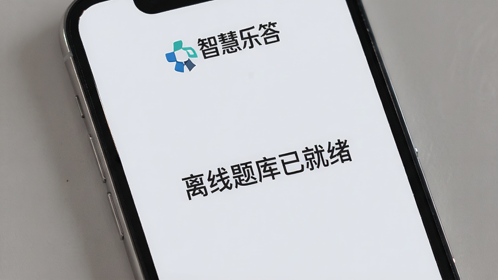 智慧乐答离线模式示意,手机屏幕显示“离线题库已就绪”字样,背景为浅灰色,界面中有“智慧乐答”Logo,风格简约商务,布局清晰,细节干净,无多余元素