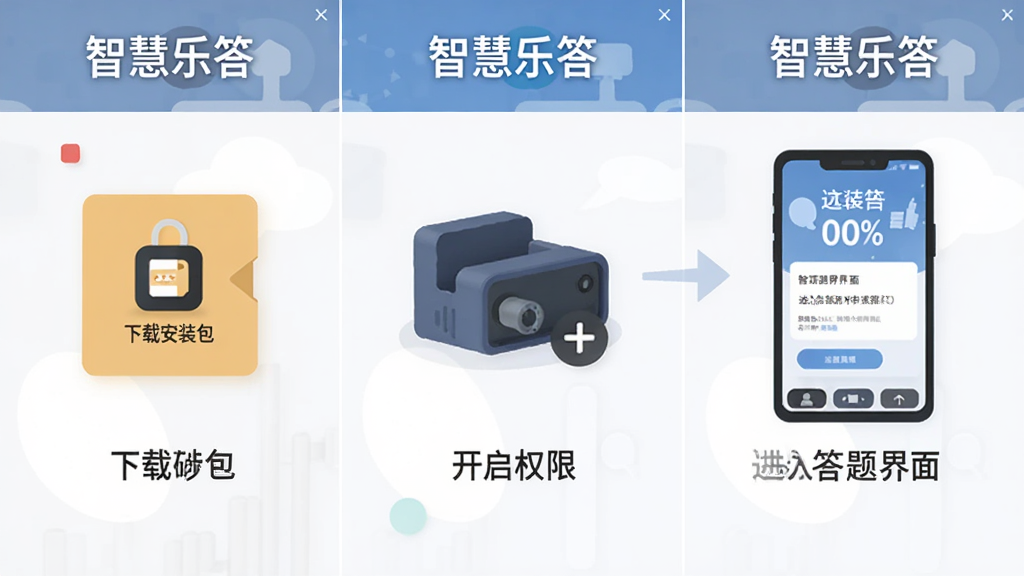 智慧乐答安装与设置操作流程图,画面分为三格,分别展示下载安装包、开启权限、进入答题界面的步骤,每格配有“智慧乐答”文字标注,风格扁平化,排版整齐,细节清晰,画质干净,无多余元素
