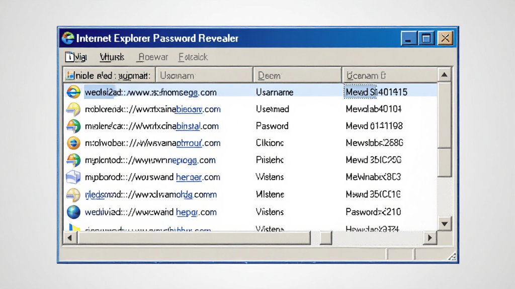 软件主界面展示,画面中央是Internet Explorer Password Revealer软件窗口,窗口内清晰列出多条网站地址、用户名和密码字段,布局简洁整齐,背景为干净的浅灰渐变,风格专业商务,细节包括Windows经典窗口按钮和列表图标,画质清晰锐利,文字内容以英文界面为主,整体干净无多余装饰元素