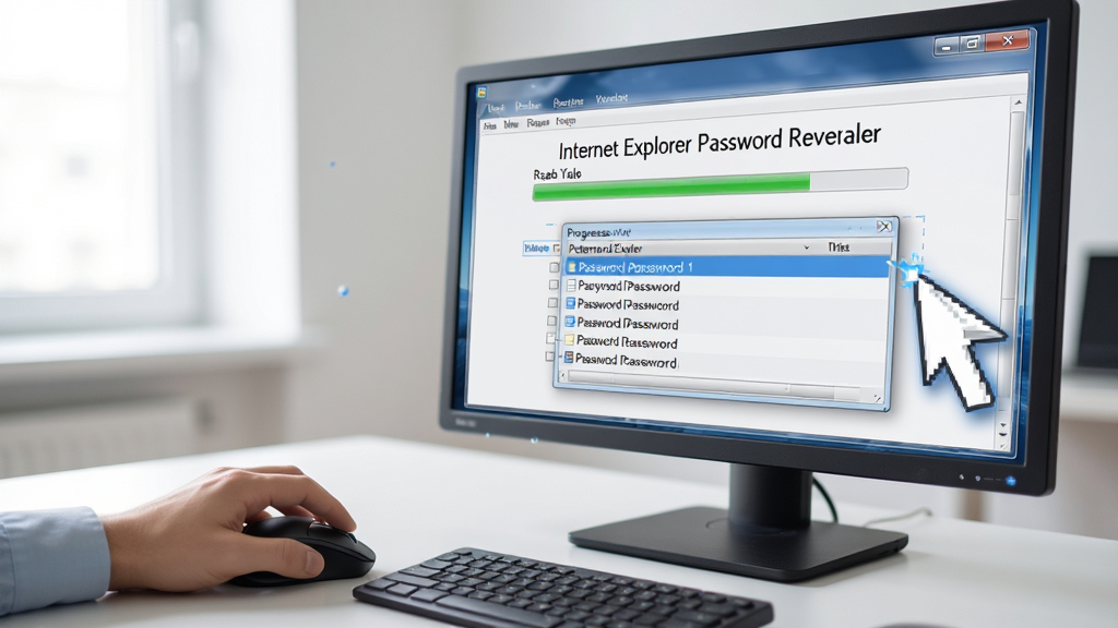 一只手握着鼠标点击扫描按钮,屏幕上的Internet Explorer Password Revealer界面显示进度条和正在读取的密码条目,桌面环境整洁,光线明亮,风格写实科技感,细节突出软件名称文字和列表展开动画,画质高清,画面干净无杂物