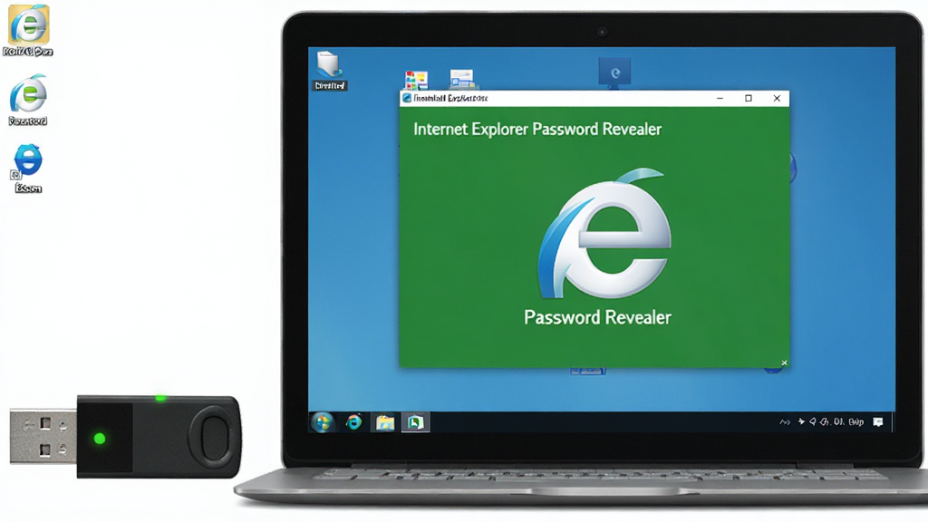 一个U盘旁边放着笔记本电脑,屏幕上打开Internet Explorer Password Revealer绿色版界面,桌面无安装向导窗口,风格简洁明快,细节包括U盘指示灯、软件图标和任务栏,画质高清,画面干净整洁