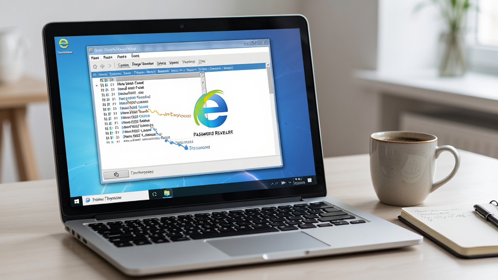 一台笔记本电脑屏幕显示Internet Explorer Password Revealer运行成功界面,旁边放着一杯咖啡和记事本,桌面整洁,光线柔和,风格生活化办公场景,细节包括屏幕上的密码列表和任务栏图标,画质清晰,画面干净无多余物品