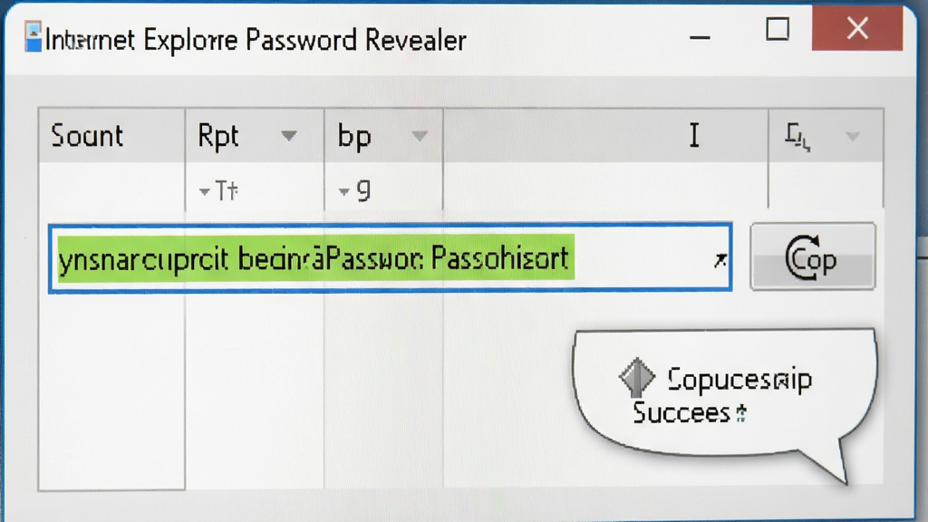 Internet Explorer Password Revealer软件窗口特写,密码字段以明文显示并用高亮色标注,旁边有复制按钮图标,整体布局为左右分栏,风格清爽简约,细节包括表格线、复制成功提示气泡,画质清晰,无多余元素干扰