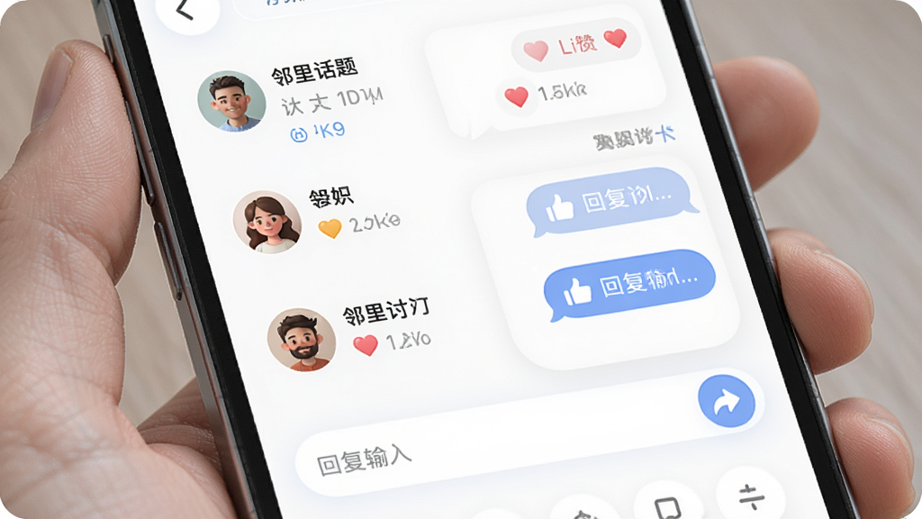 邻里互动交流功能界面展示,主体为手机屏幕中显示邻里话题讨论列表与回复输入框,布局为上方话题下方输入,排版清晰,风格为柔和圆角设计,细节包含用户头像、点赞按钮、回复气泡,画质高清,画面干净,无多余元素
