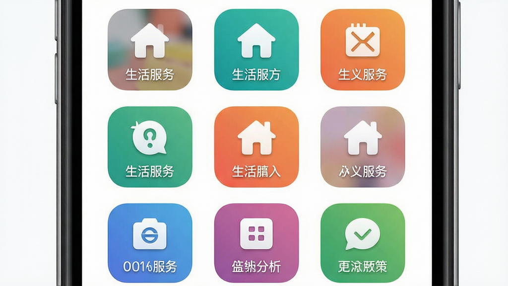 生活服务入口功能界面展示,主体为手机屏幕中显示多个生活服务图标网格,布局为三列网格排列,排版规整,风格为简约商务,细节包含彩色图标、文字标签、圆角背景,画质高清,画面干净,无多余元素